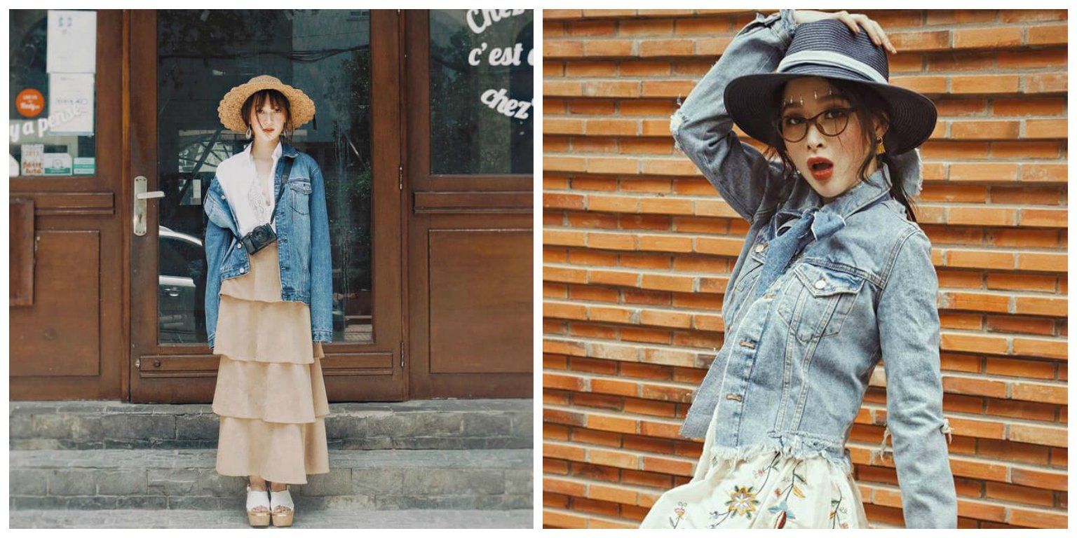 Mix áo khoác jeans với chân váy điệu đà