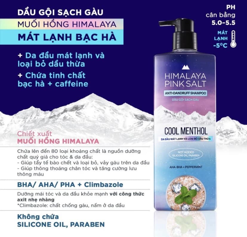 Dầu Gội Sạch Gàu Muối Hồng Ngăn Ngừa Gàu Giảm Ngứa Himalaya Pink Salt Mát Lạnh Bạc Hà Cool Menthol 650ml