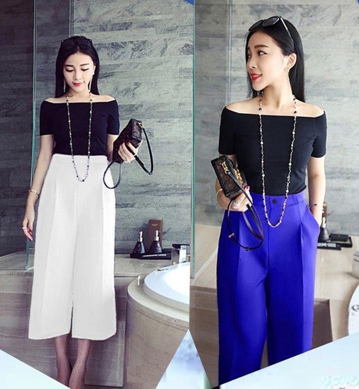 Phối quần ống rộng đẹp quyến rũ cùng áo trễ vai