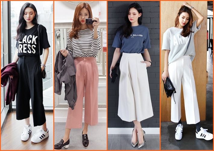 Mix quần ống rộng với áo phông đơn giản
