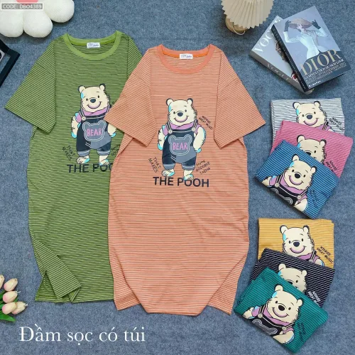 Đầm form suông tay ngắn cổ tròn in hình gấu The Pooh