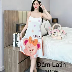 Đầm latin mặc nhà hai dây form chữ A in hình dể thương