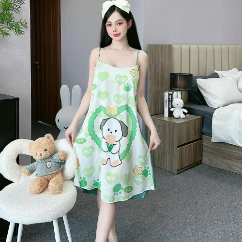 Đầm latin mặc nhà hai dây form chữ A in hình dể thương