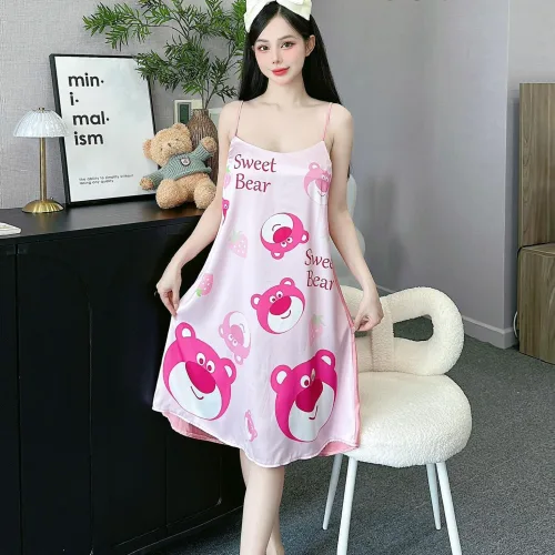 Đầm latin mặc nhà hai dây form chữ A in hình dể thương