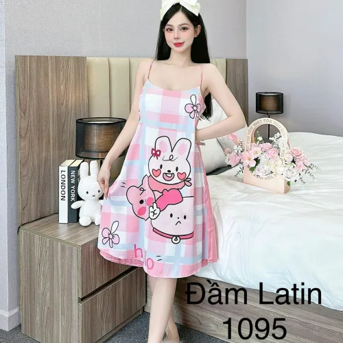 Đầm latin mặc nhà hai dây form chữ A in hình dể thương