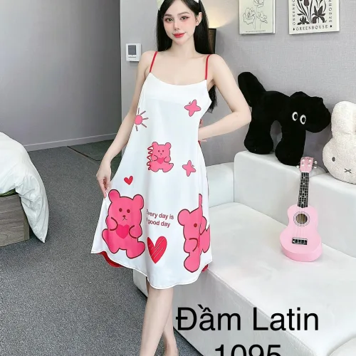Đầm latin mặc nhà hai dây form chữ A in hình dể thương