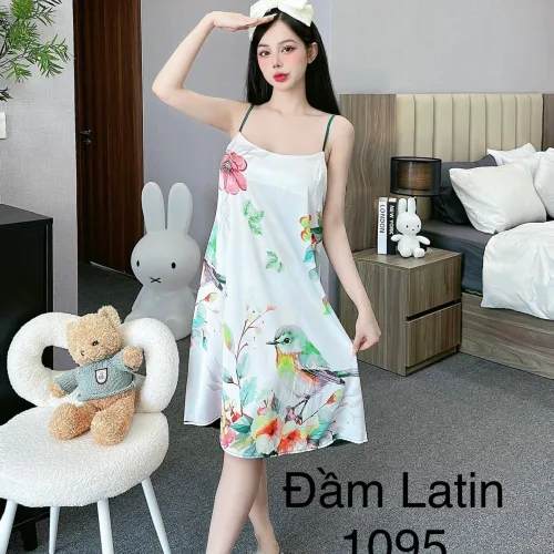 Đầm latin mặc nhà hai dây form chữ A in hình dể thương