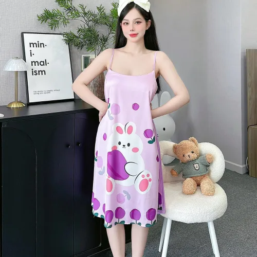 Đầm latin mặc nhà hai dây form chữ A in hình dể thương