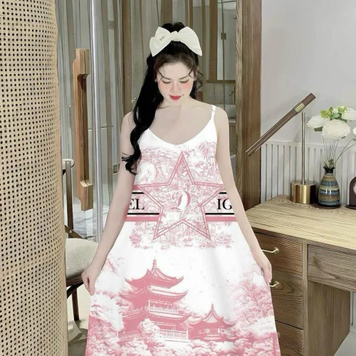 Đầm mặc nhà hai dây form chữ A in hoạ tiết