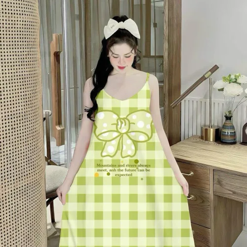 Đầm mặc nhà hai dây form chữ A in hoạ tiết