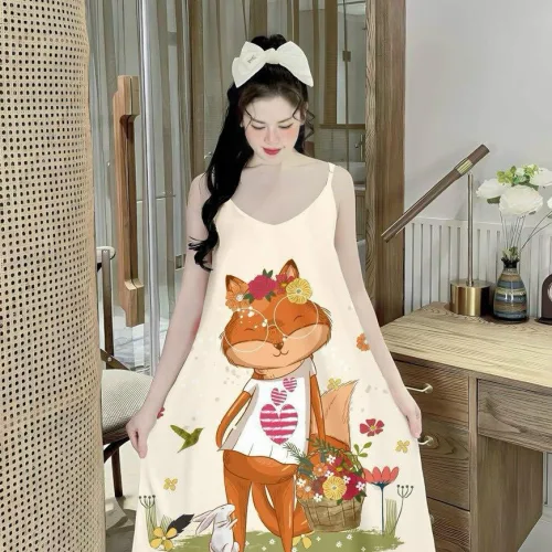 Đầm mặc nhà hai dây form chữ A in hoạ tiết