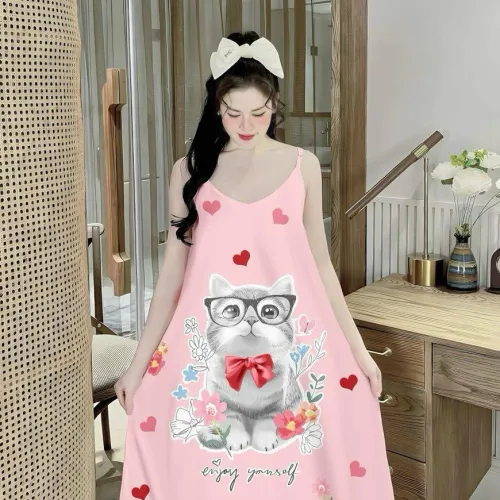 Đầm mặc nhà hai dây form chữ A in hoạ tiết