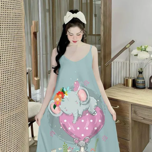 Đầm mặc nhà hai dây form chữ A in hoạ tiết