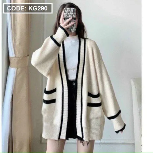 Áo khoác len nữ form rộng viền màu phối túi hai bên