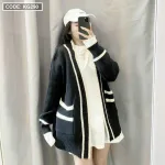 Áo khoác len nữ form rộng viền màu phối túi hai bên
