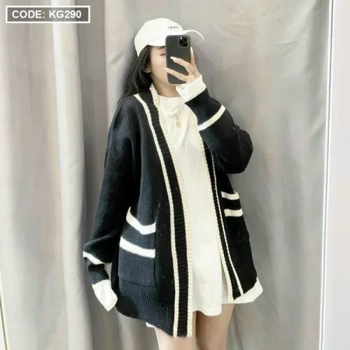 Áo khoác len nữ form rộng viền màu phối túi hai bên