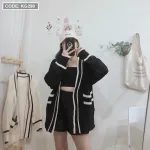 Áo khoác len nữ form rộng viền màu phối túi hai bên