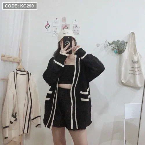 Áo khoác len nữ form rộng viền màu phối túi hai bên