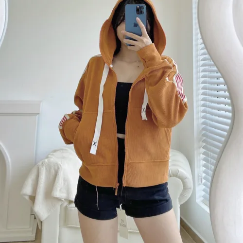 Áo khoác nữ có nón thun gân tay viền sọc màu