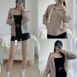 Áo khoác nữ có nón thun gân tay viền sọc màu