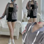 Áo khoác nữ có nón thun gân tay viền sọc màu