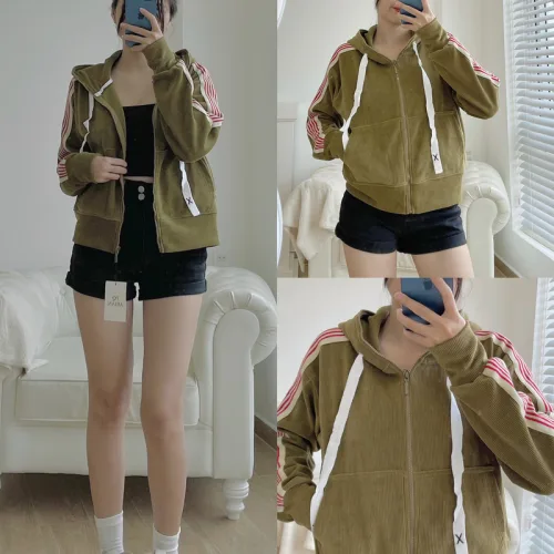 Áo khoác nữ có nón thun gân tay viền sọc màu