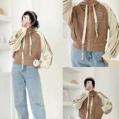 Áo khoác nữ dáng lửng có nón nhung gân viền sọc
