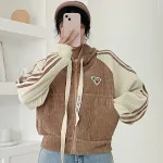 Áo khoác nữ dáng lửng có nón nhung gân viền sọc