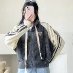 Áo khoác nữ dáng lửng có nón nhung gân viền sọc