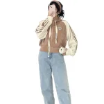 Áo khoác nữ dáng lửng có nón nhung gân viền sọc