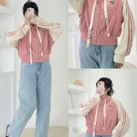 Áo khoác nữ dáng lửng có nón nhung gân viền sọc