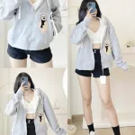 Áo Khoác Nữ Len Xốp Thêu Hình Gấu