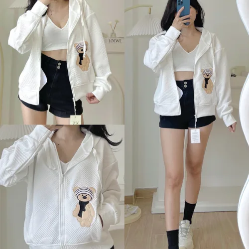 Áo Khoác Nữ Len Xốp Thêu Hình Gấu