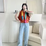 Áo khoác nữ lửng viền sọc phối dây màu cầu vòng bản to