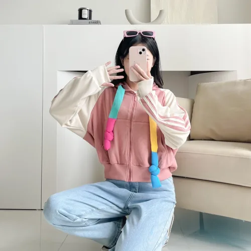Áo khoác nữ lửng viền sọc phối dây màu cầu vòng bản to