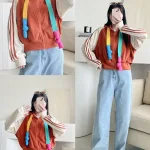 Áo khoác nữ lửng viền sọc phối dây màu cầu vòng bản to