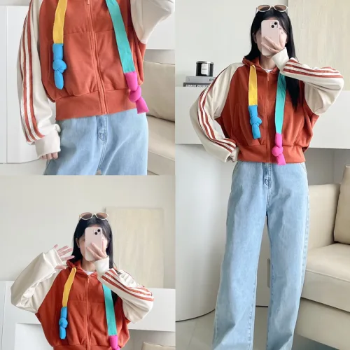 Áo khoác nữ lửng viền sọc phối dây màu cầu vòng bản to