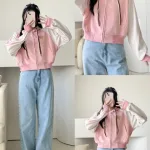 Áo khoác thun nữ dáng lửng có nón viền sọc màu