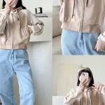 Áo khoác thun nữ dáng lửng có nón viền sọc màu