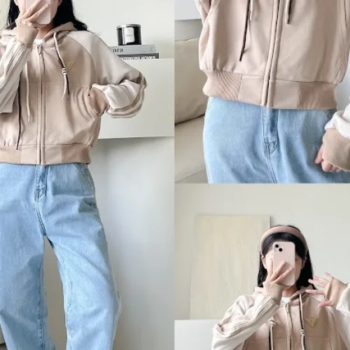 Áo khoác thun nữ dáng lửng có nón viền sọc màu