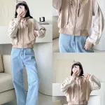 Áo khoác thun nữ dáng lửng có nón viền sọc màu