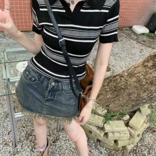Áo len nữ sọc cổ bẻ siêu hot