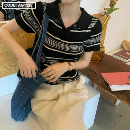 Áo len nữ sọc cổ bẻ siêu hot