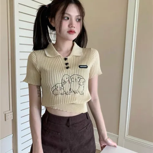 Áo Len sọc nữ cổ bẻ thêu hình chú chó QC
