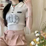 Áo Len sọc nữ cổ bẻ thêu hình chú chó QC