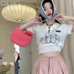 Áo Len sọc nữ cổ bẻ thêu hình chú chó QC