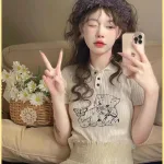 Áo Len sọc nữ cổ bẻ thêu hình chú chó QC