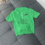 Áo Len sọc nữ cổ bẻ thêu hình chú chó QC