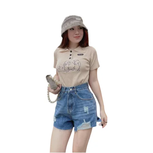 Áo Len sọc nữ cổ bẻ thêu hình chú chó QC