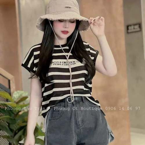 Áo len sọc nữ cụt tay